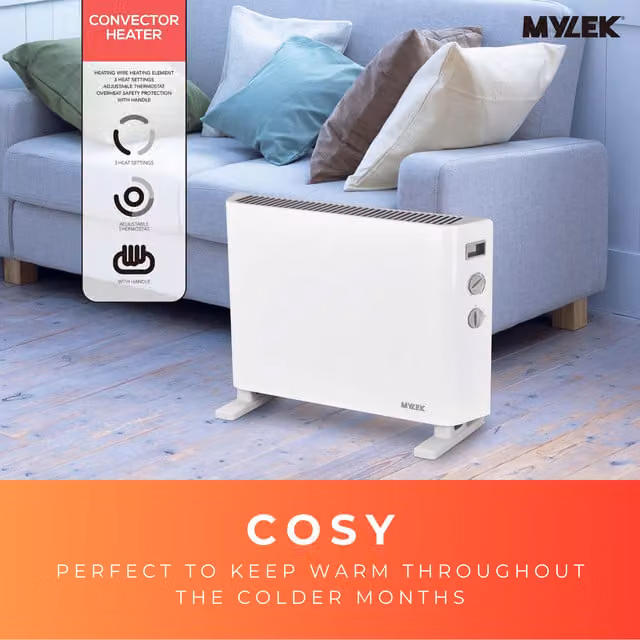 MYLEK 2000W Electric Convector Heater, White Freestanding Radiator with Adjustable Thermostat and Overheat Protection – 1
