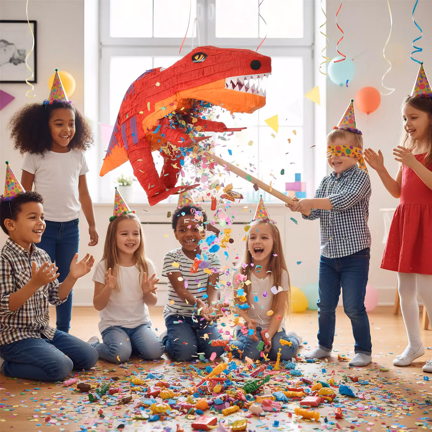 Fax Potato T-Rex Pinata Set with Stick and Blindfold, 3-Piece Multicolour Party Decoration Kit – 4