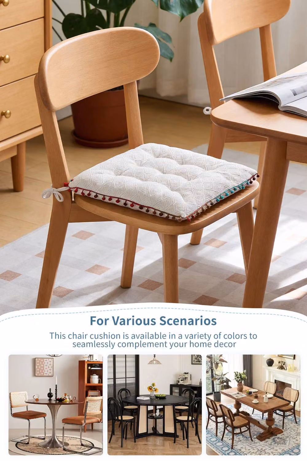 Living and Home Bohemian Style Tufted Square Chair Cushion with Tassels in White, W/D/H: 40 x 40 x 40 cm – 4