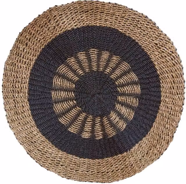 KDMD Round Seagrass Mat with Inner Sun Motif in Black and Brown, Diameter: 100 cm – 1