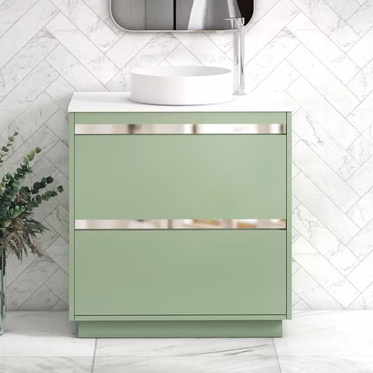 Royal Bathrooms Orion 800mm Mint Sage Floor Standing 2 Drawer Vanity Unit with Plain White Undrilled Worktop and Chrome Accent Trim