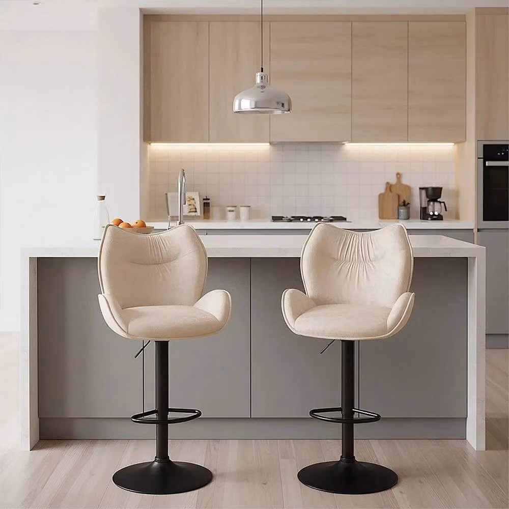 FORGEVIO Set of 2 Modern Velvet Bar Stools in Beige with Metal Upholstered Frame – 2