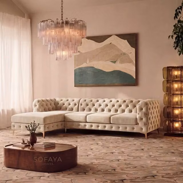 Sofaya Monaco Chesterfield 4 Seater L-Shaped Sofa in Beige Velvet with Left Hand Chaise – 1
