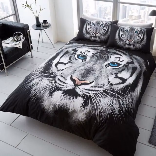 Smart Living Luxury 3D Tiger Face White and Black Cotton Polyester Duvet Cover and Pillowcase Set for Adults