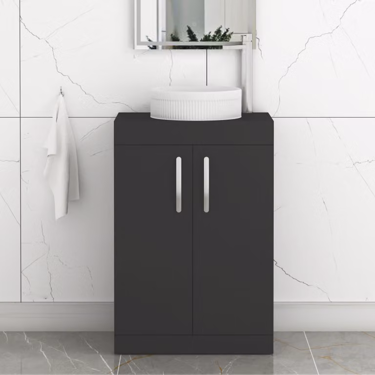 Royal Bathrooms Turin 500mm Floor Standing 2 Door Vanity Unit in Matt Black with Round Countertop Basin and Brushed Brass Handle