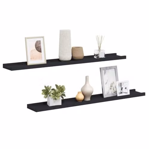 vidaXL Set of 2 Black MDF Picture Frame Ledge Shelves, W: 80 cm, D: 9 cm, H: 3 cm