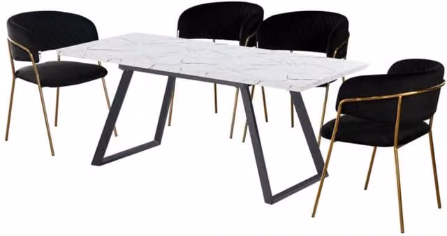 Life Interiors Atarah Toga LUX Dining Set with Rectangular Marble Table and 4 Black Velvet Upholstered Chairs