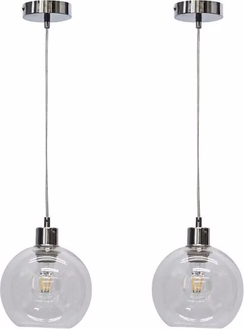 First Choice Lighting Barnum Set of 2 Transparent Glass Sphere Pendant Lights with Chrome Fittings