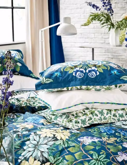 Designers Guild Eleonora Reversible Floral Cotton Percale Pillowcases, 2 Pack, Multicolour/Blue