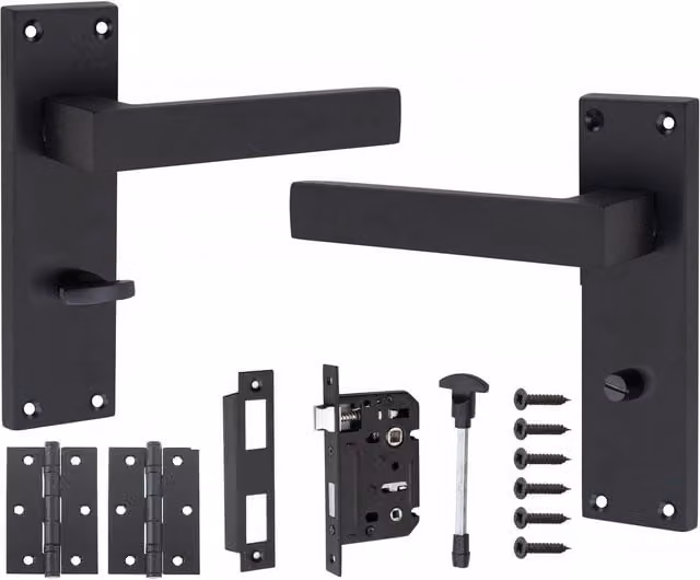 Golden Grace Matt Black Bathroom Door Handles and Hinge Set