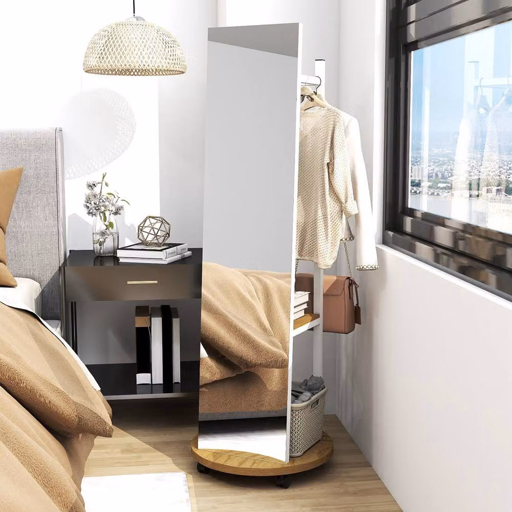 Costway Coat Rack with Full Length Mirror, 3 Hooks and Storage Shelves in Natural – 2