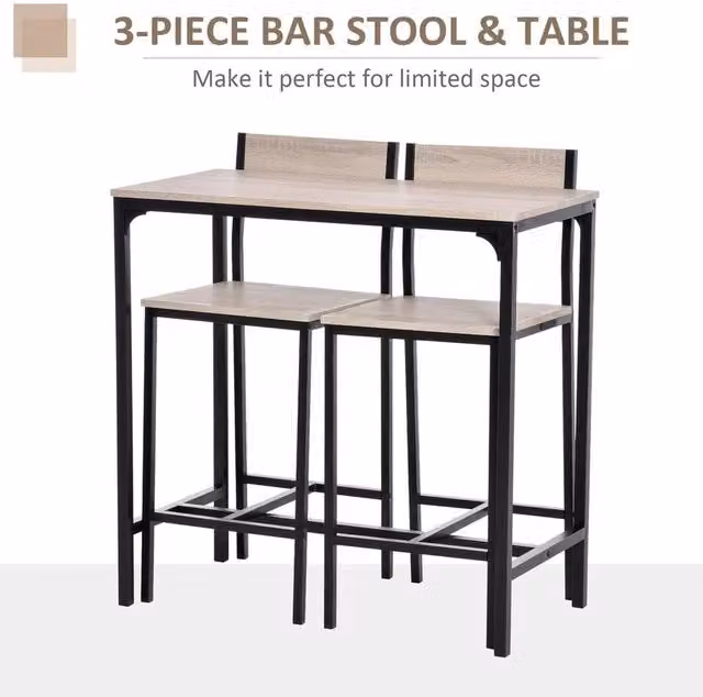 KORVIXA 3-Piece Modern Bar Table and Stools Set in Natural Wood Finish