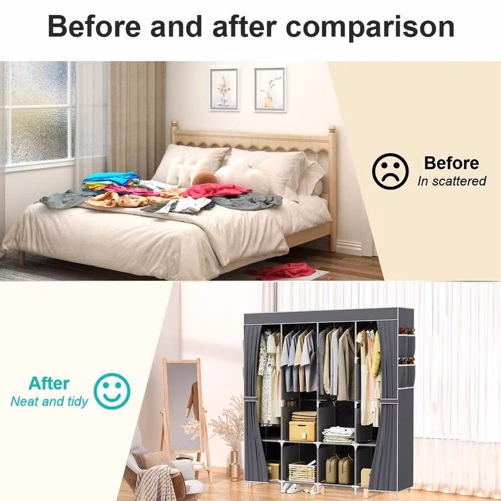 PAWNORA Grey Fabric and Metal Freestanding Wardrobe with Hanging Rod and Internal Shelves, W/D/H: 45 x 45 x 170 cm – 4