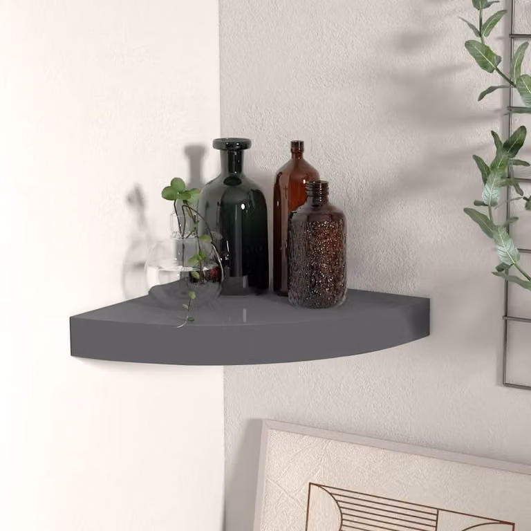 Berkfield Home Durable Floating Corner Shelf in High Gloss Grey, W/D/H: 25 x 25 x 3.8 cm