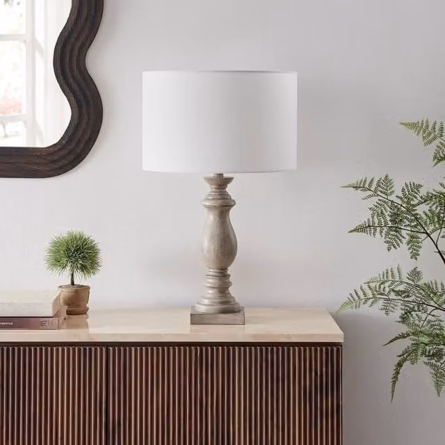 FurnitureboxUK Maurice Grey Turned Wood Style Table Lamp with Beige Fabric Shade