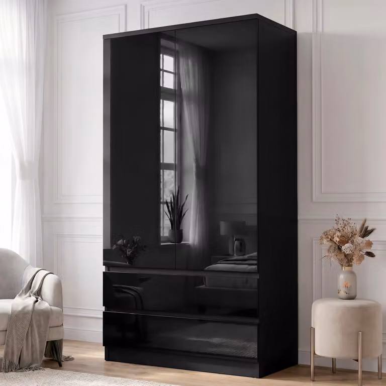 DHS Modern High Gloss 2 Door Wardrobe with Drawers and Hanging Rail in Black, Grey or White, H 182.5 x W 80 x D 50 cm