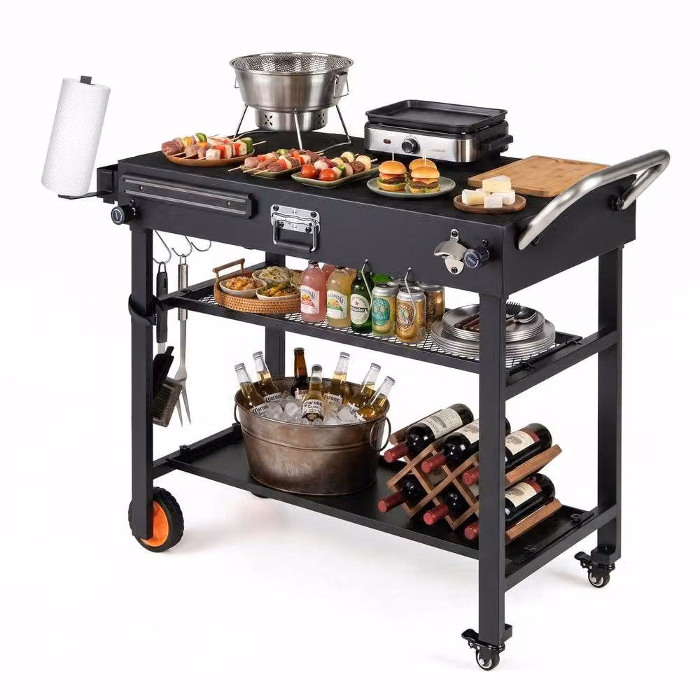 Costway 3-Tier Folding Metal Grill Cart with Wheels and Hooks in Black – 3