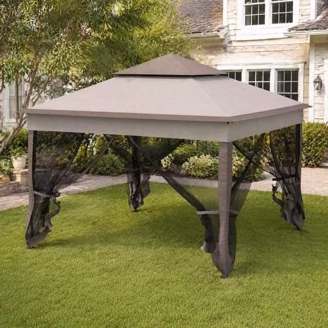 STILVORA Grey Hip Roof Gazebo with Net Curtains and Double Roof, W/D/H: 325 x 270 x 270 cm – 1