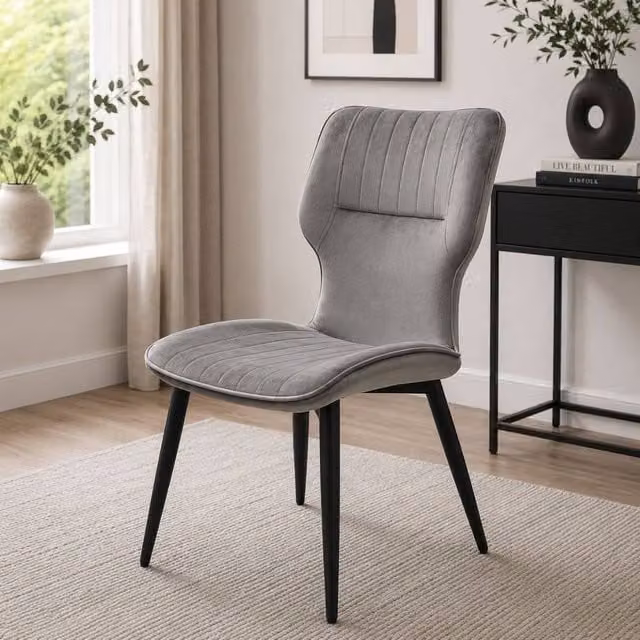 Stratus Interiors Windsor Winged Velvet Dining Chair in Grey with Black Metal Legs – 1
