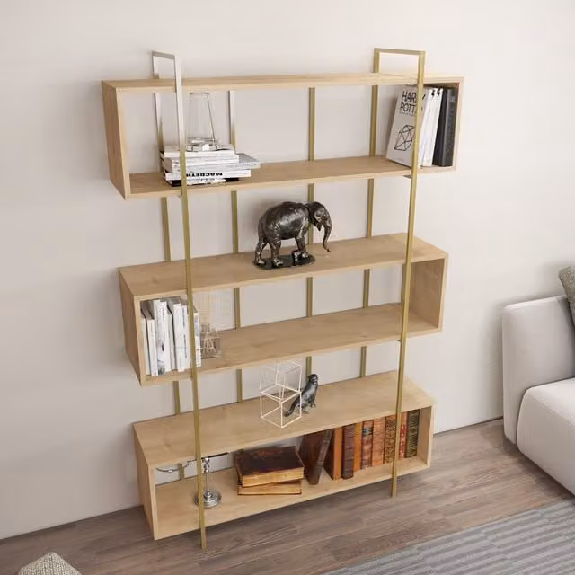 Decorotika 6-Tier Geometric Industrial Bookshelf in Oak and Gold