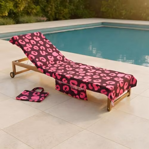 OHS Burgundy Abstract Leopard Print Microfibre Beach Towel with Bag, W: 75 cm, L: 215 cm