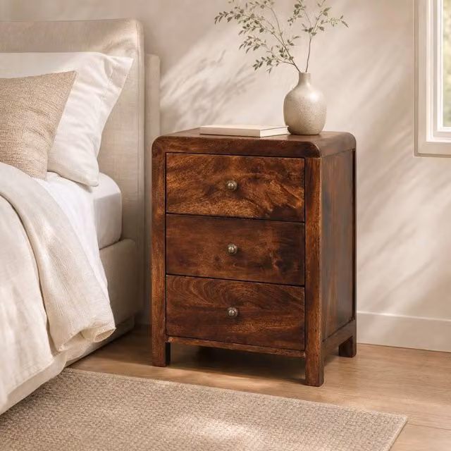 STILVORA Mango Wood Bedside Table with 3 Drawers in Brown – 1