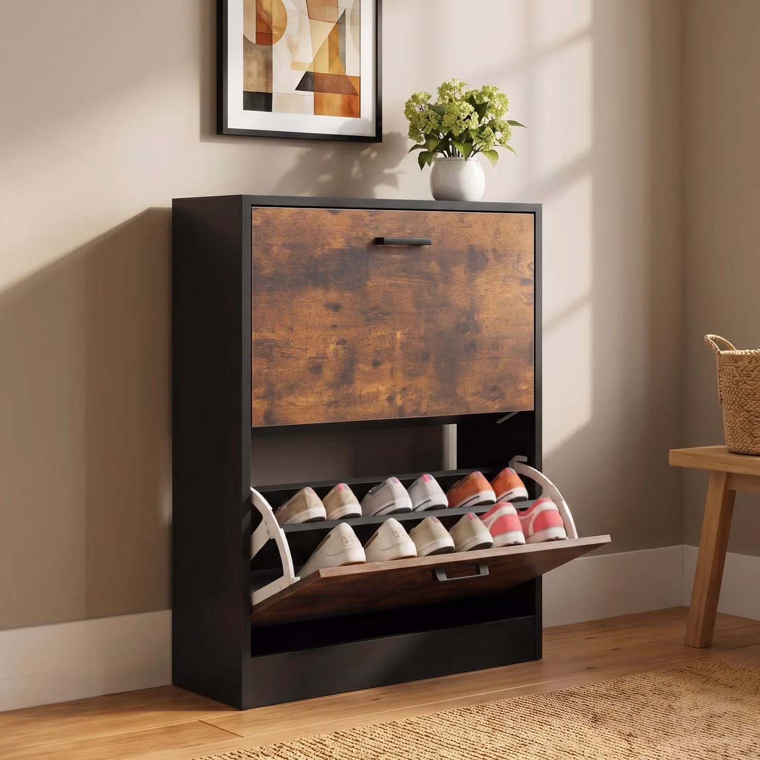 Modern Black Slim Shoe Storage Cabinet with Tilting Compartments and Ventilation for Hallways