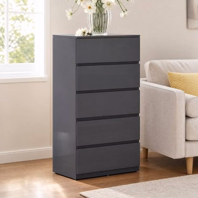 STILVORA Grey Glossy 5-Drawer Chest of Drawers with Soft-Close Drawers