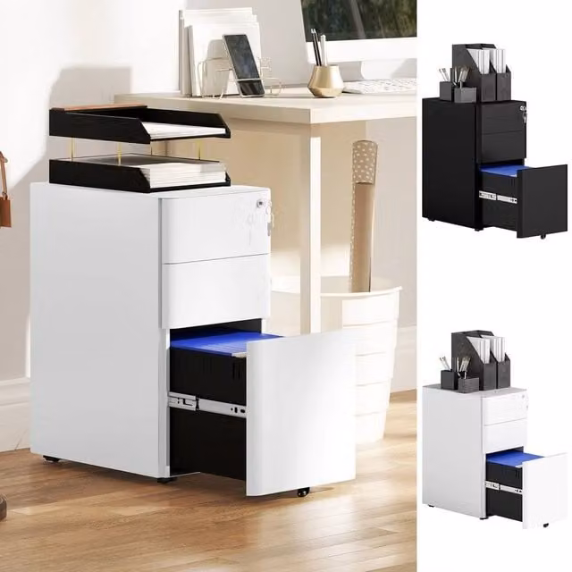 FORGEVIO 3-Drawer Mobile Filing Cabinet with Hanging Bar for A4 in White – 1