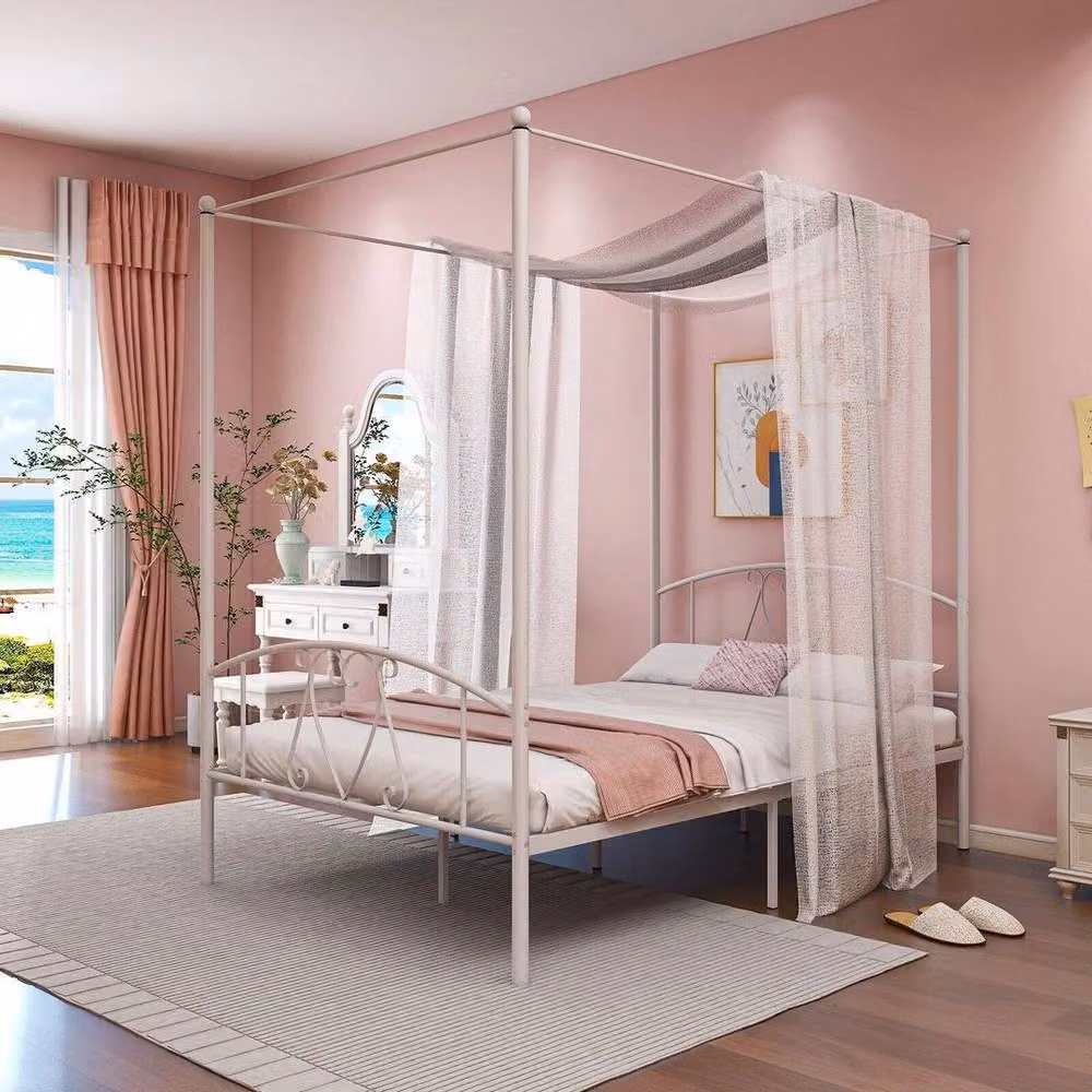 FLAVORA Metal 4-Poster Canopy Bed with Wood Slats in White – 2