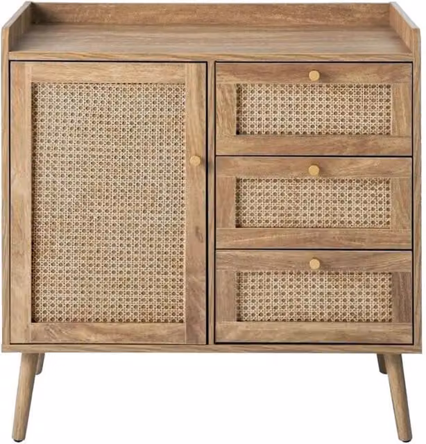CALICOSY Chest of Drawers with 1 Door and 3 Drawers, Rattan Fronts and Wood in Light Brown, W/D/H: 79.5 x 39.0 x 80.0 cm