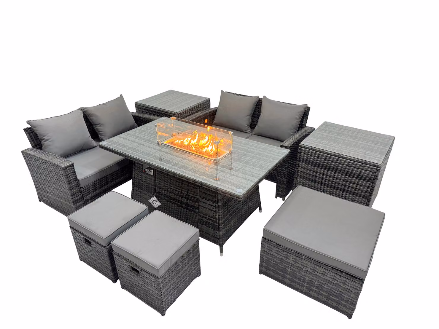 Fimous Outdoor Love Sofa Set in Dark Grey with 7 Seats, Gas Firepit Table, 3 Stools and 2 Side Tables – 2