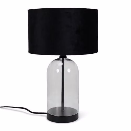 ValueLights Modern Glass and Black Metal Table Lamp with Black Fabric Lampshade and Warm White LED Bulb – 1