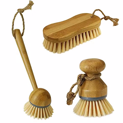 JVL Brown Bamboo and Plastic Round Dish Scrubbing Brush – 1