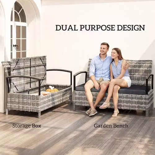 Outsunny 125L 2 Seater Garden Storage Bench in Grey PE Rattan and Metal – 4