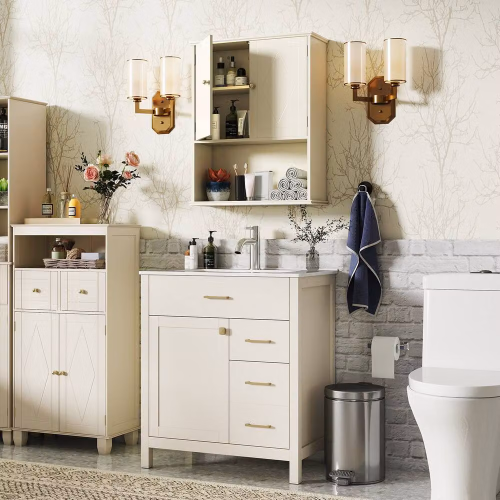 Costway Beige Wall Mounted 2-Door Bathroom Medicine Cabinet with Internal Shelves – 2