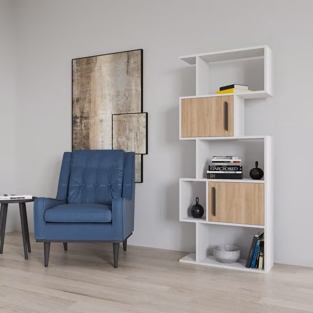 Decorotika Raven Bookcase with Cabinets in White and Metal, H: 173 cm, W: 71 cm