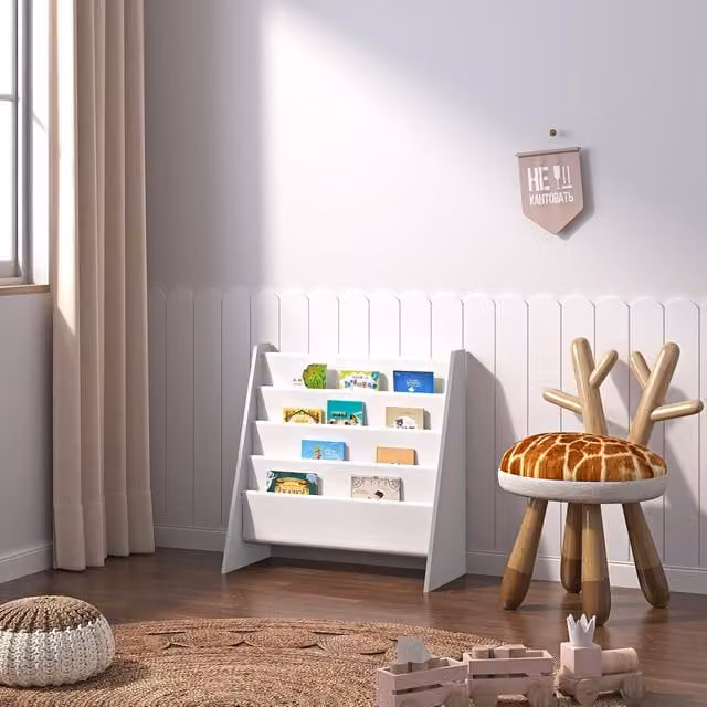 Xample Kids 4 Tier Fabric Sling Bookshelf Storage in White – 1
