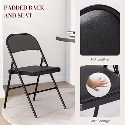 HOMCOM Set of 2 Black Padded Folding Chairs with Synthetic Leather Cushioned Seats and Metal Frame – 3