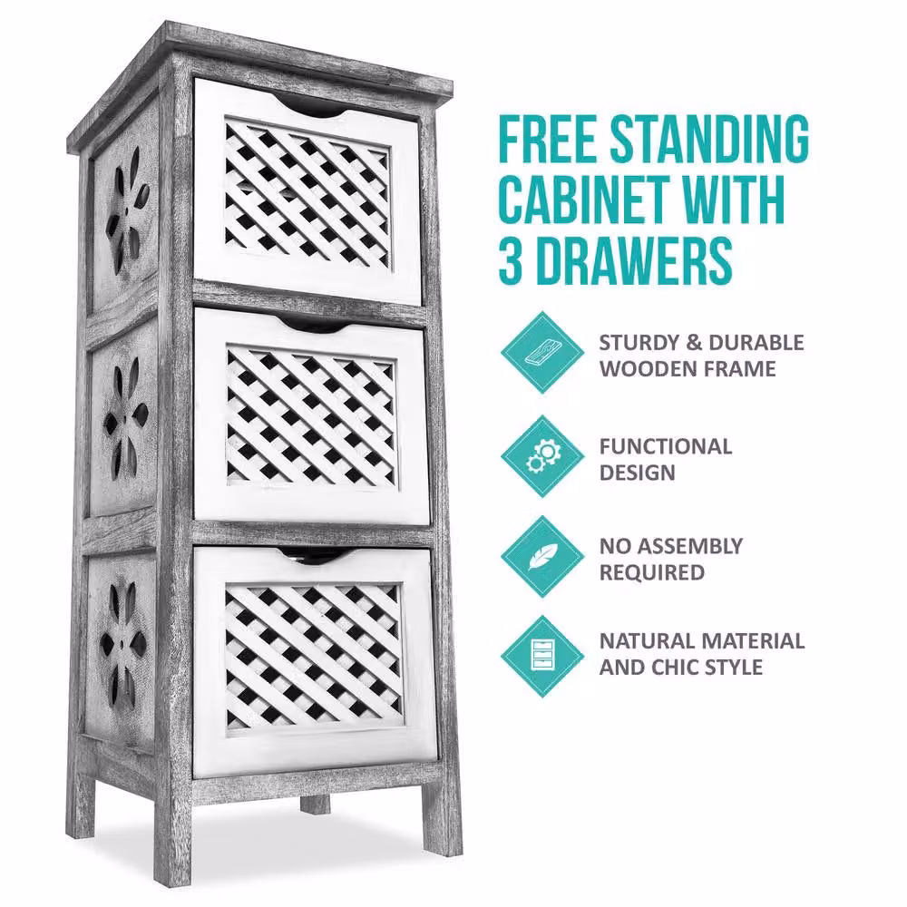 LIVIVO Minerva 3 Drawer Chest of Drawers in Grey and White with Rattan Style Woven Baskets – 2