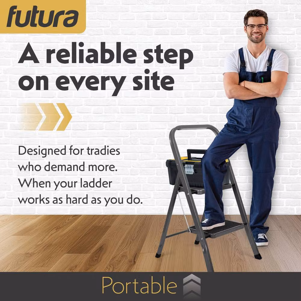 Futura 2 Step Heavy-Duty Steel Folding Step Ladder in Grey – 3