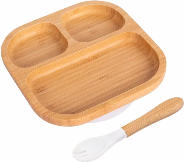 Tiny Dining Bamboo Segmented Baby Weaning Plate and Fork Set, White
