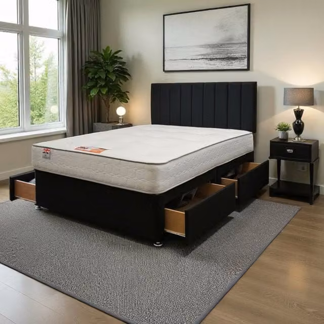 Knight Sleep Paris Plush Bed Set with Mattress and 4 Drawers, Black, W/D/H: 180 x 200 cm