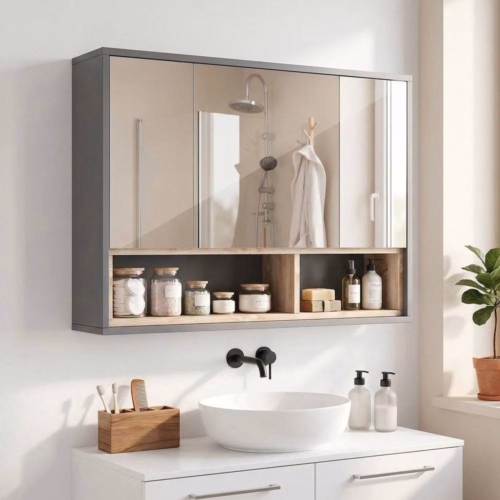 FORGEVIO Wall Mounted Bathroom Mirror Cabinet with Internal Shelves in Grey – 3