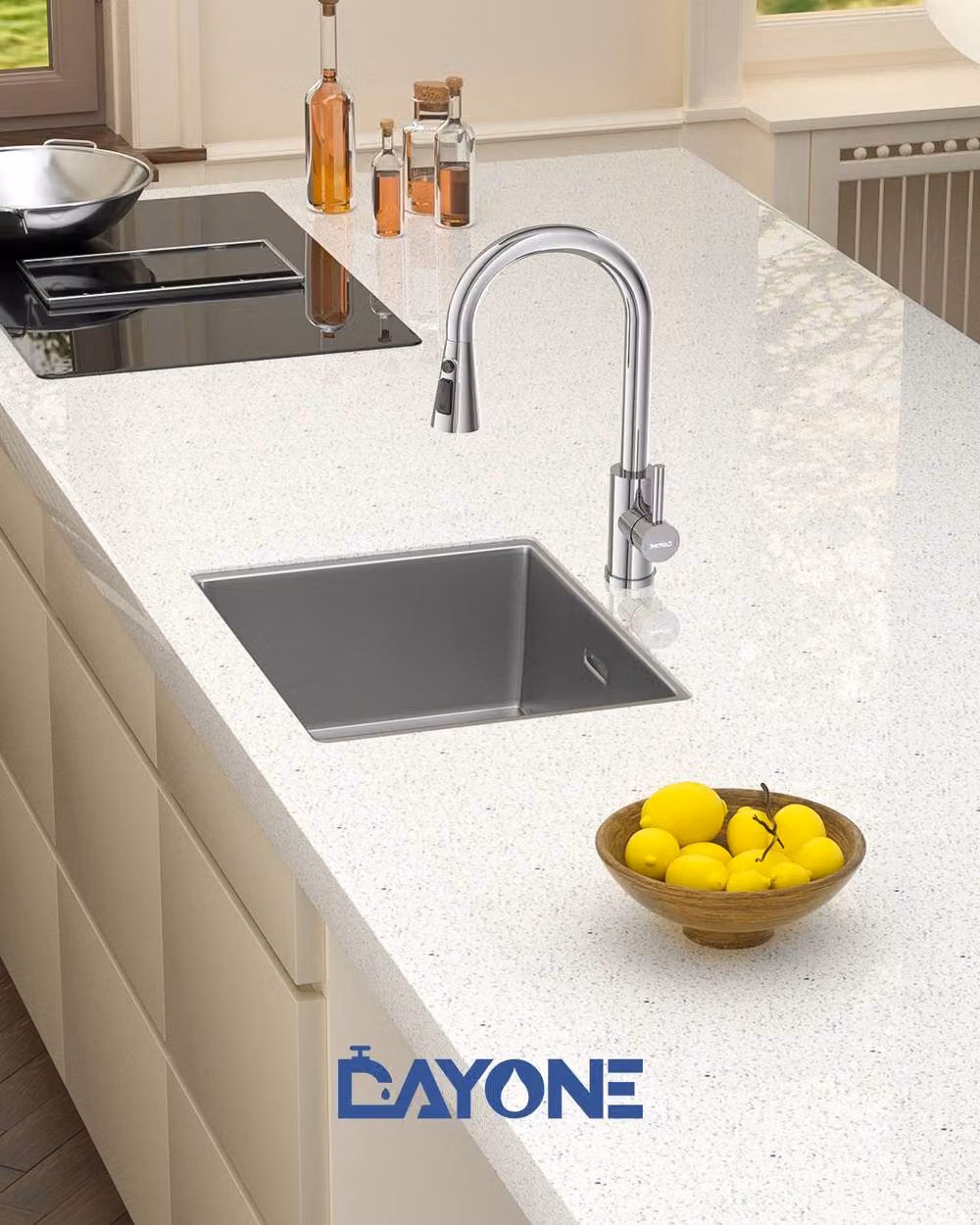 Dayone Stainless Steel Kitchen Sink Mixer Tap with Single Lever and 360 Degree Swivel Spout in Silver – 3