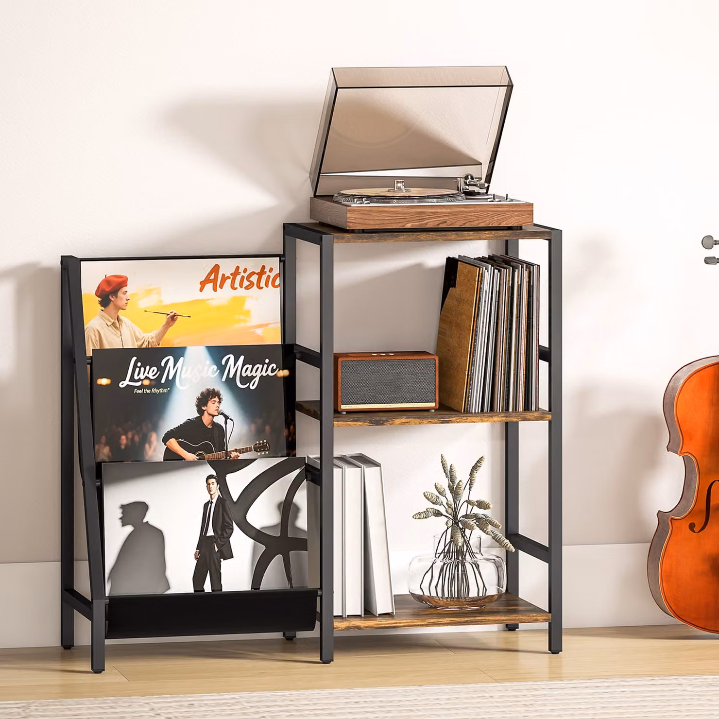HOMCOM 3-Tier Record Player Stand and End Table in Rustic Brown – 8
