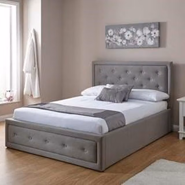 Comfy Living Fabric Diamante Ottoman Bed Frame with Lift Up Base in Grey, W/D/H: 140 x 200 cm