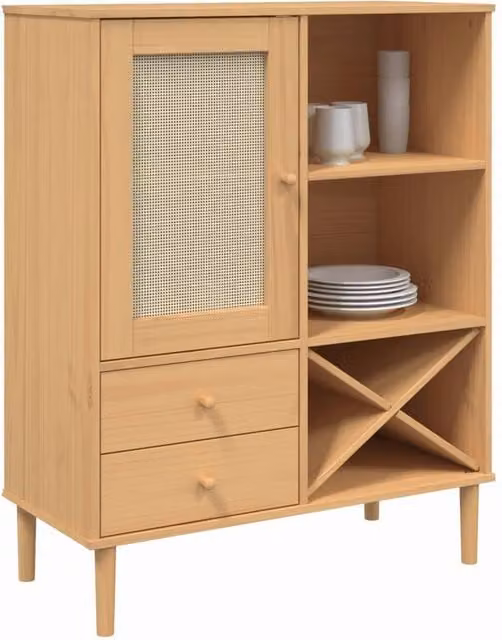 Berkfield Home Senja Highboard in Brown and Beige Rattan Look Solid Pine Wood, W/D/H: 90 x 40 x 112 cm
