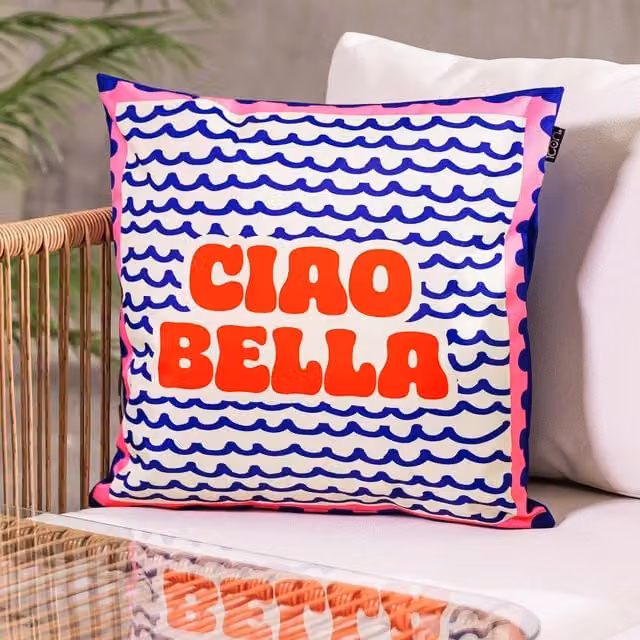 ICON Ciao Bella Print Square Cushion, White, W/D/H: 43 x 43 x 43 cm