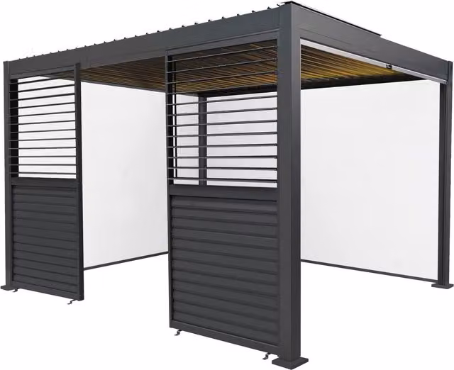Monster Shop Grey Aluminium Pergola with Blinds, 2 Side Panels and LED Lights, W: 390 cm, D: 300 cm